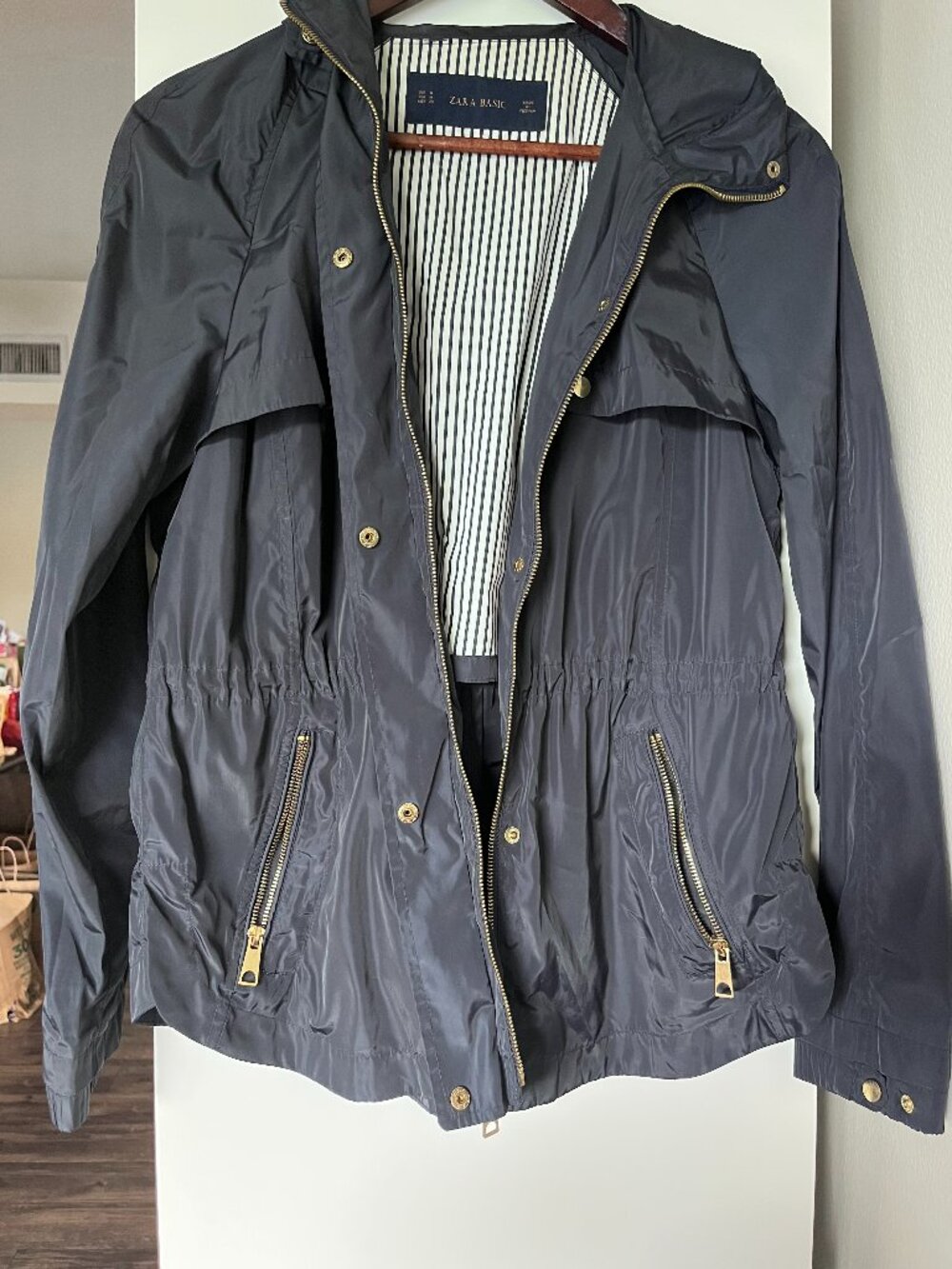 Zara Basic Grey Hooded Utility Anorak Jacket Striped Lined Gold Hardware Size S
